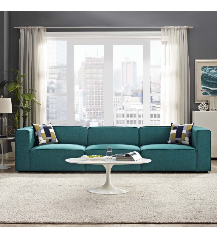Mingle 3 Piece Upholstered Fabric Sectional Sofa Set in Teal - Lexmod