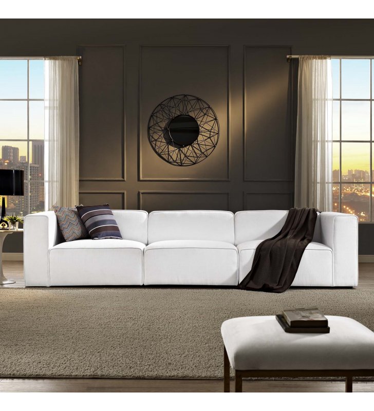 Mingle 3 Piece Upholstered Fabric Sectional Sofa Set in White - Lexmod