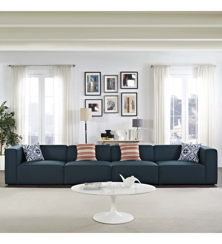 Mingle 4 Piece Upholstered Fabric Sectional Sofa Set in Blue - Lexmod