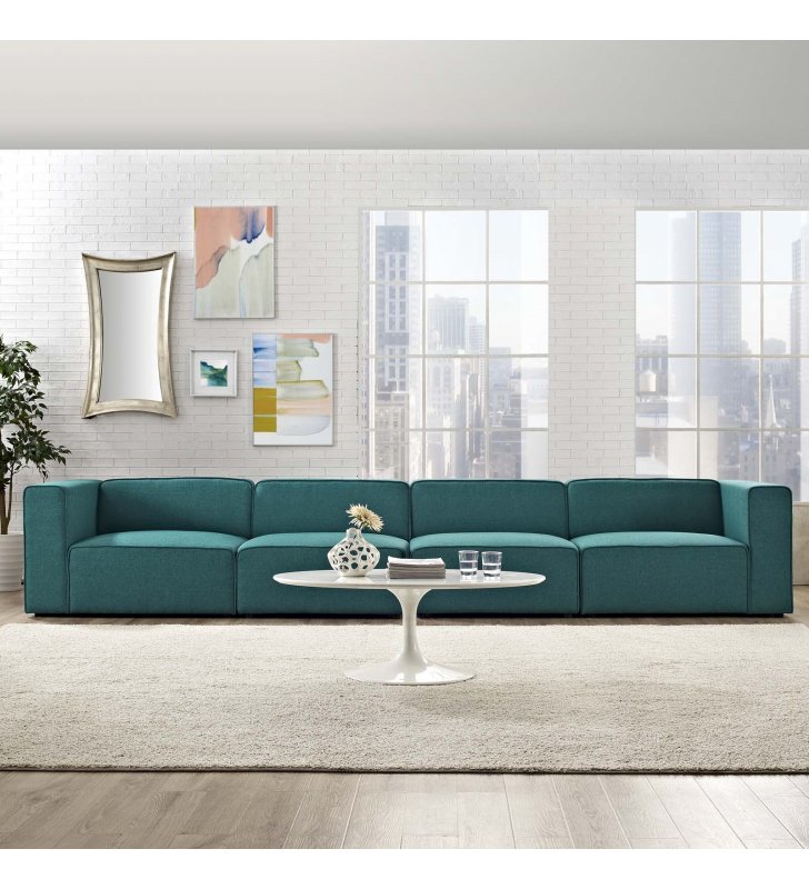 Mingle 4 Piece Upholstered Fabric Sectional Sofa Set in Teal - Lexmod