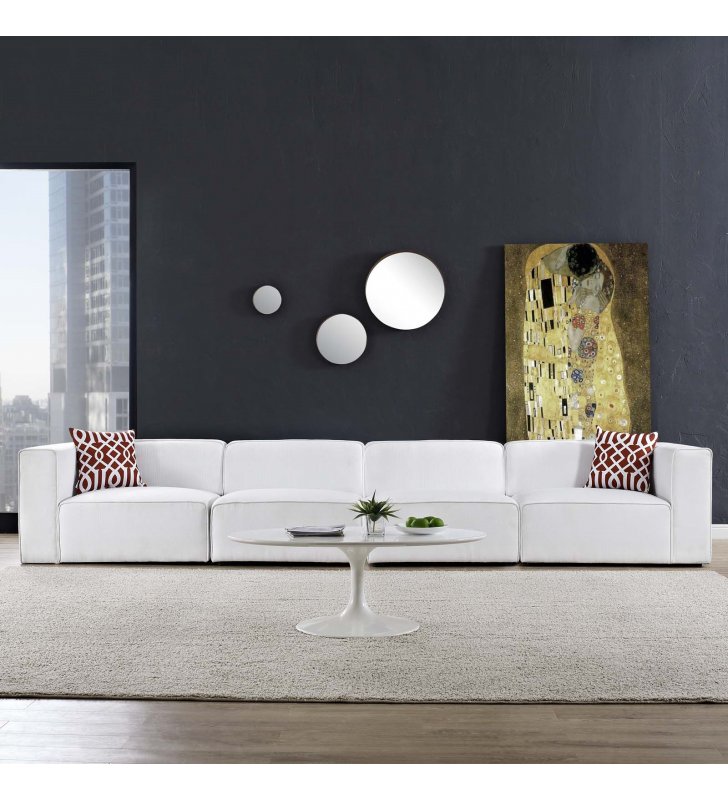 Mingle 4 Piece Upholstered Fabric Sectional Sofa Set in White - Lexmod