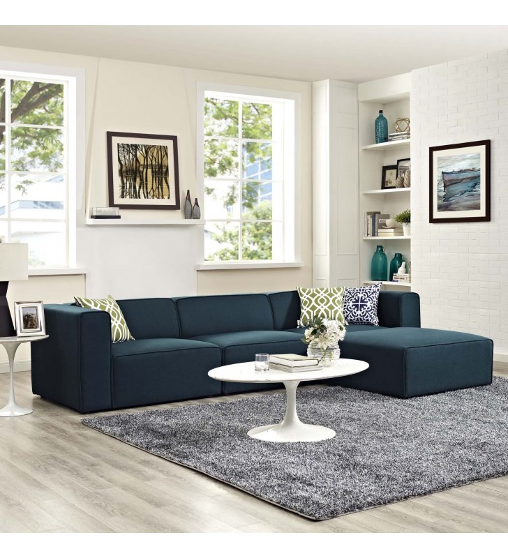 Mingle 4 Piece Upholstered Fabric Sectional Sofa Set in Blue - Lexmod