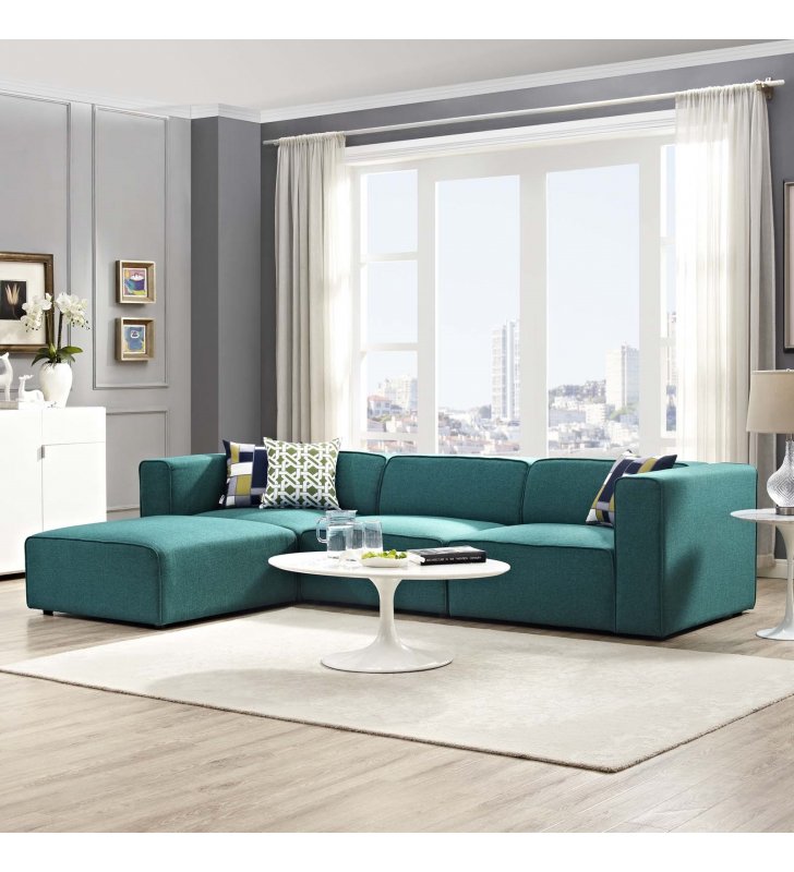 Mingle 4 Piece Upholstered Fabric Sectional Sofa Set in Teal - Lexmod
