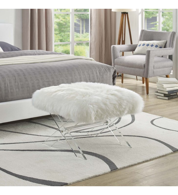 Swift Sheepskin Bench in Clear White - Lexmod