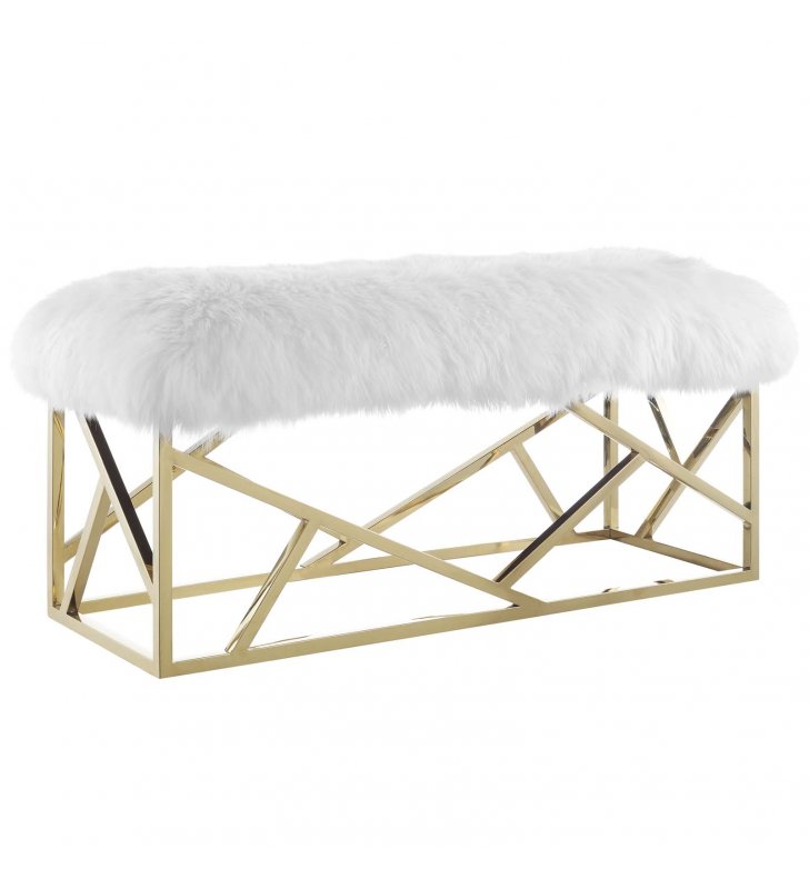 Intersperse Sheepskin Bench in Gold White - Lexmod