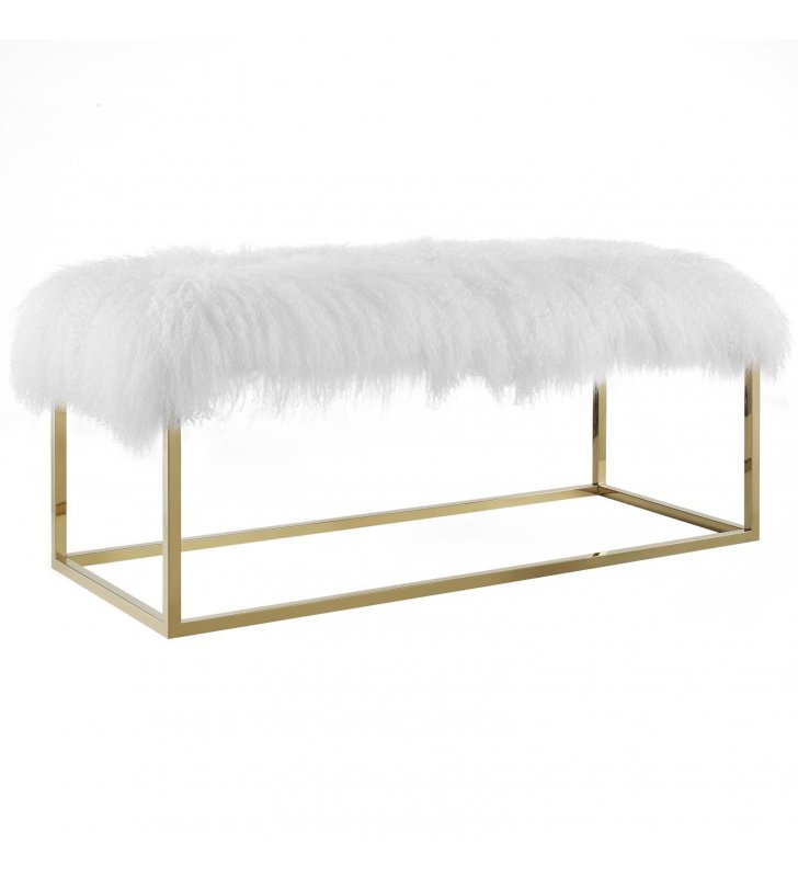 Anticipate White Sheepskin Bench in Gold - Lexmod