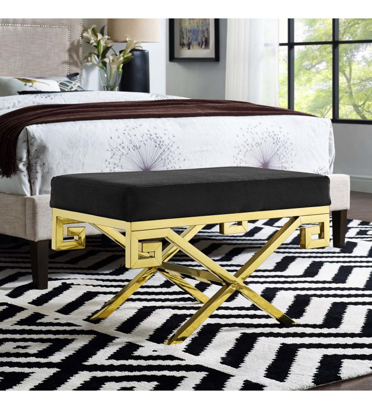 Rove Velvet Performance Velvet Bench in Gold Black - Lexmod