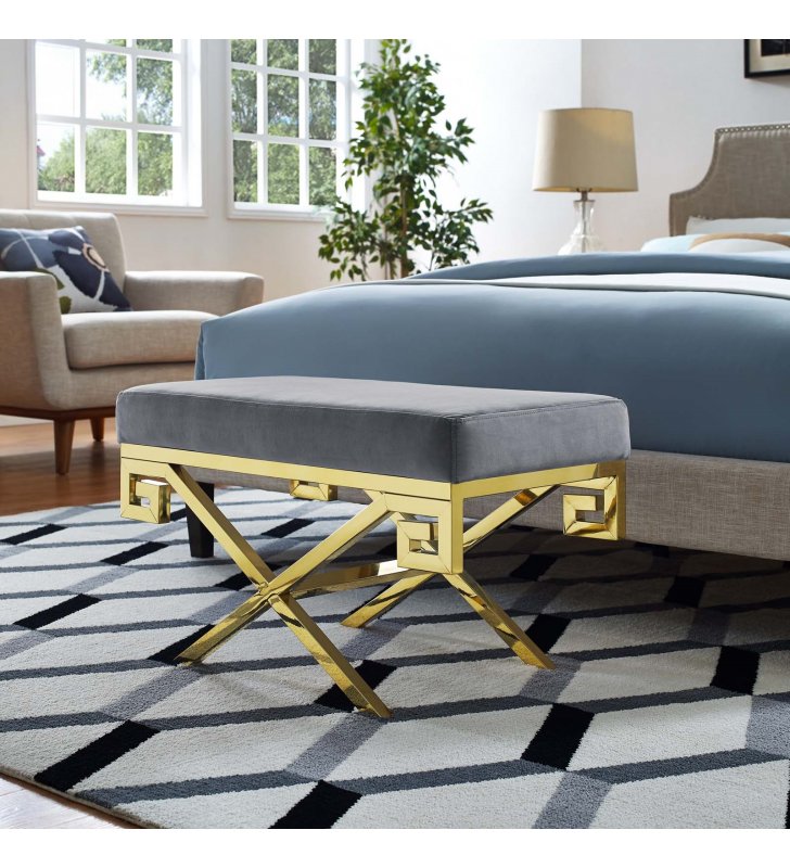 Rove Velvet Performance Velvet Bench in Gold Gray - Lexmod