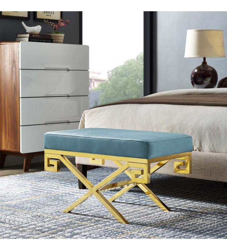 Rove Velvet Performance Velvet Bench in Sea Blue - Lexmod