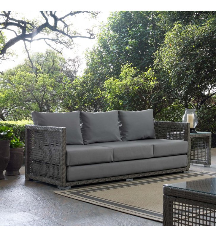Aura Outdoor Patio Wicker Rattan Sofa in Gray Gray - Lexmod