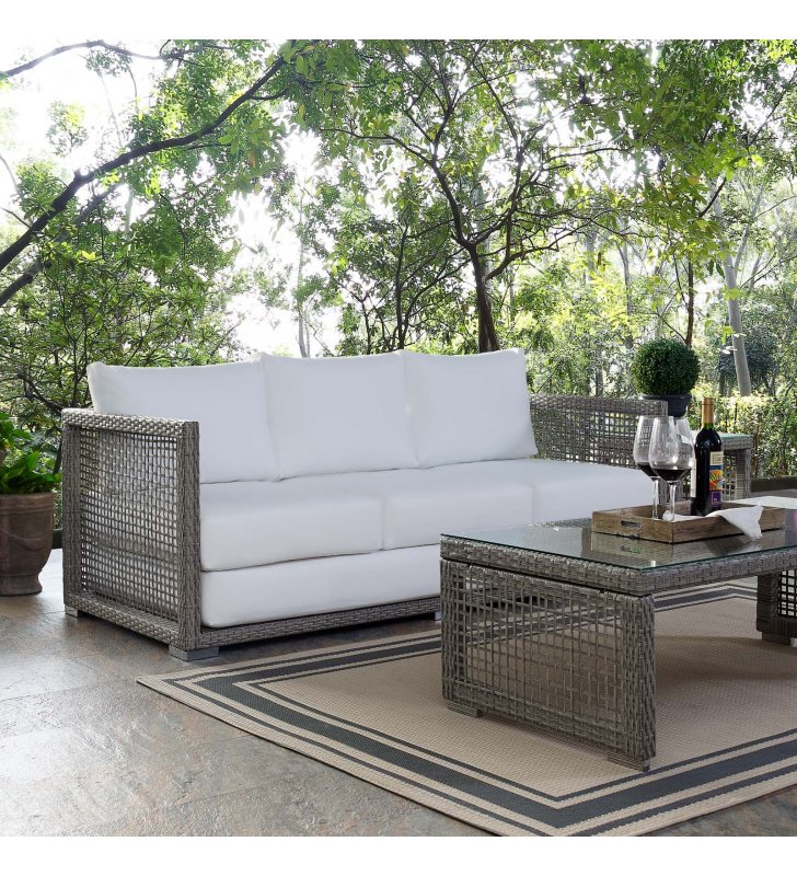 Aura Outdoor Patio Wicker Rattan Sofa in Gray White - Lexmod