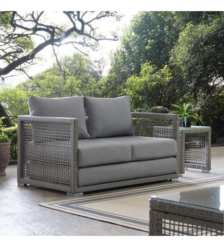Aura Outdoor Patio Wicker Rattan Loveseat in Gray Gray - Lexmod