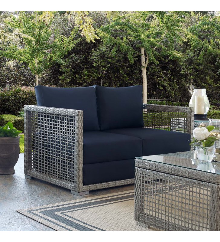 Aura Outdoor Patio Wicker Rattan Loveseat in Gray Navy - Lexmod