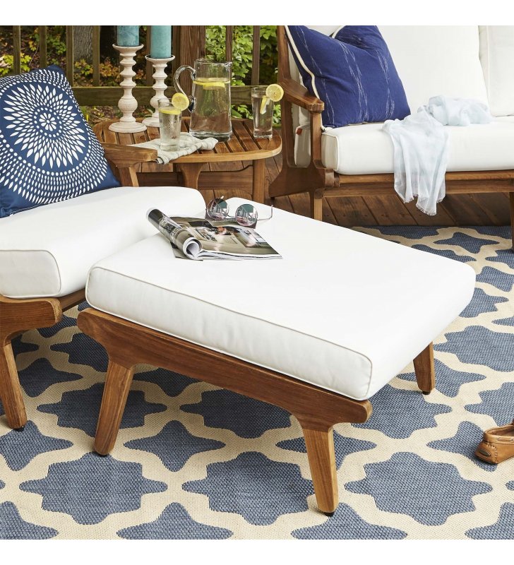 Saratoga Outdoor Patio Teak Ottoman in Natural White - Lexmod