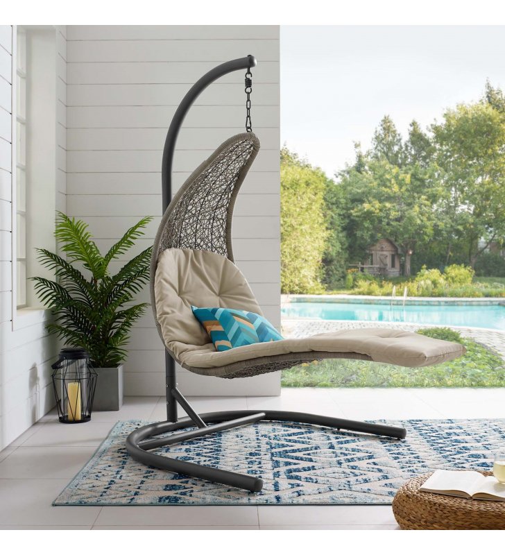 Landscape Hanging Chaise Lounge Outdoor Patio Swing Chair in Light Gray Beige - Lexmod