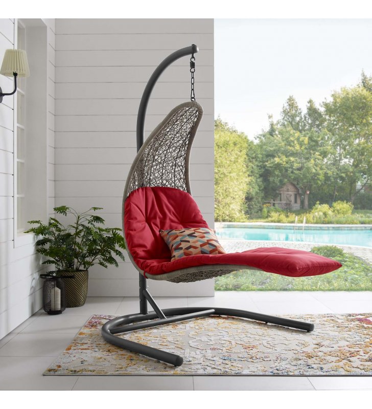 Landscape Hanging Chaise Lounge Outdoor Patio Swing Chair in Light Gray Red - Lexmod