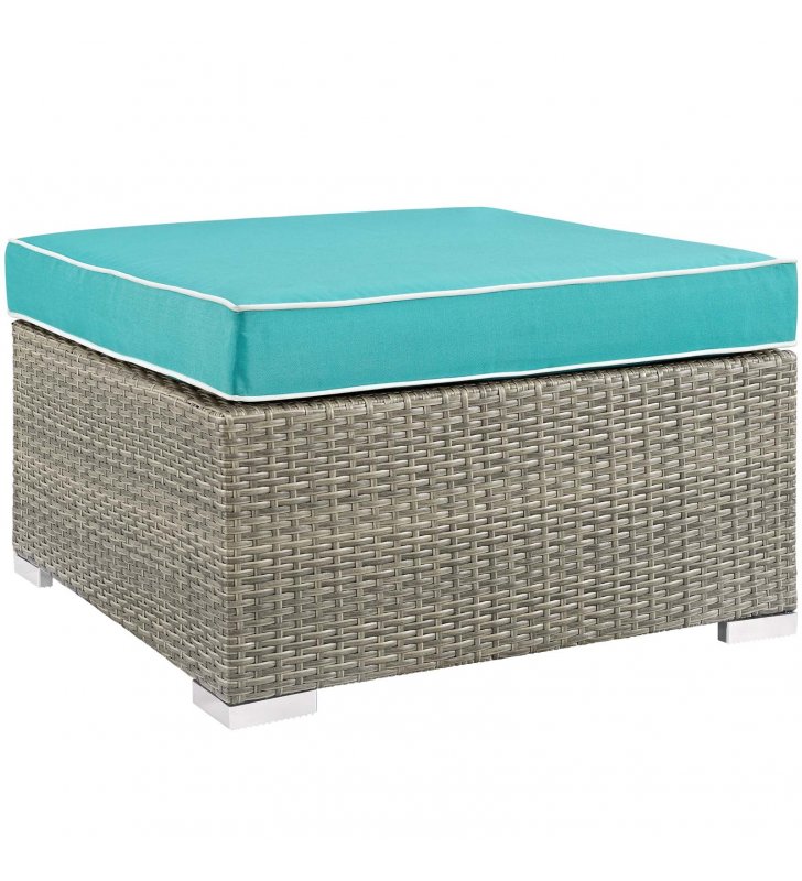 Repose Outdoor Patio Upholstered Fabric Ottoman in Light Gray Turquoise - Lexmod