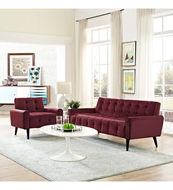 Delve Living Room Set Performance Velvet Set of 2 in Maroon - Lexmod