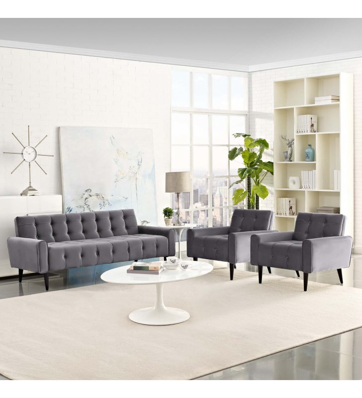 Delve Living Room Set Performance Velvet Set of 3 in Gray - Lexmod