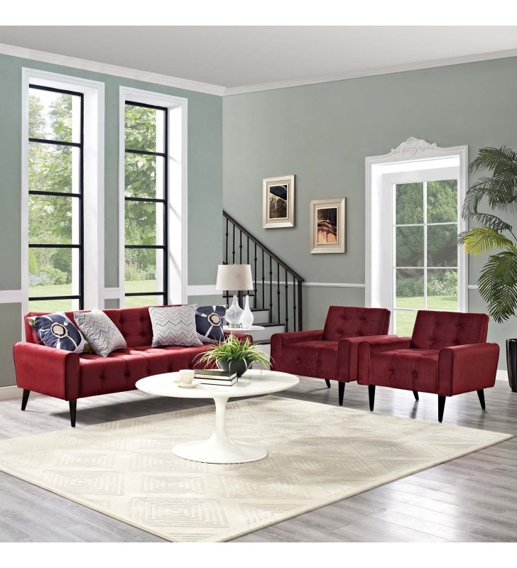 Delve Living Room Set Performance Velvet Set of 3 in Maroon - Lexmod