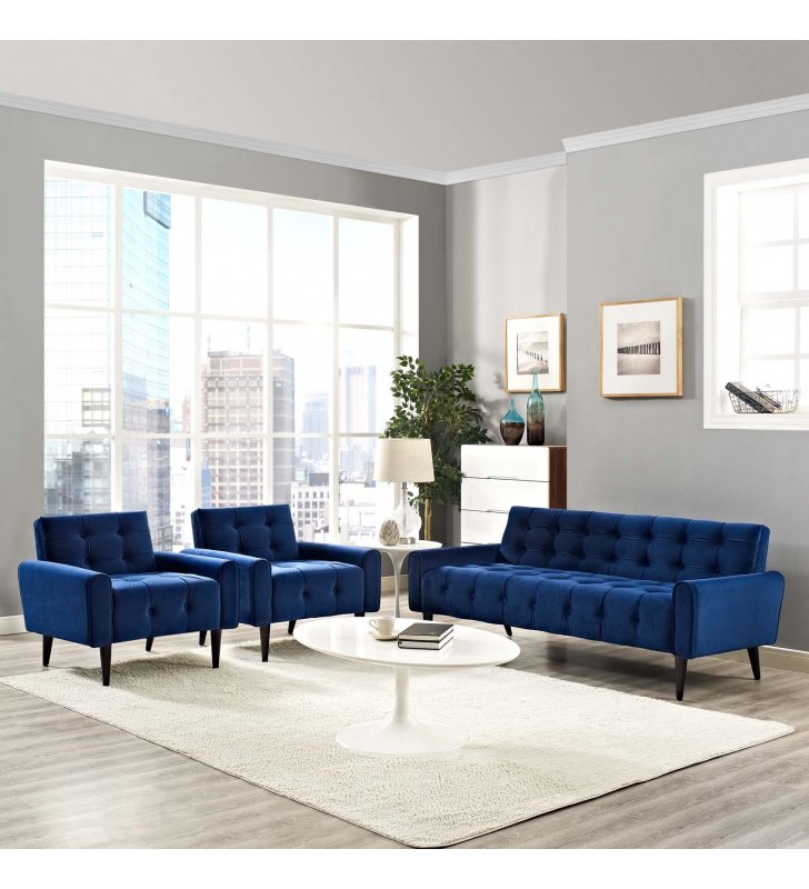 Delve Living Room Set Performance Velvet Set of 3 in Navy - Lexmod