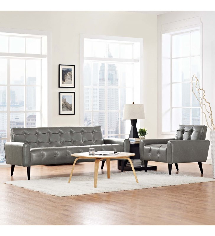 Delve 2 Piece Upholstered Vinyl Sofa and Armchair Set in Gray - Lexmod