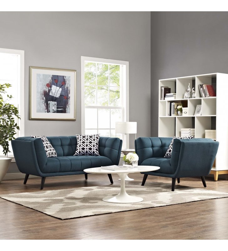 Bestow 2 Piece Upholstered Fabric Loveseat and Armchair Set in Blue - Lexmod