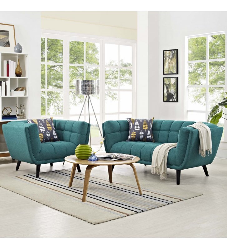 Bestow 2 Piece Upholstered Fabric Loveseat and Armchair Set in Teal - Lexmod