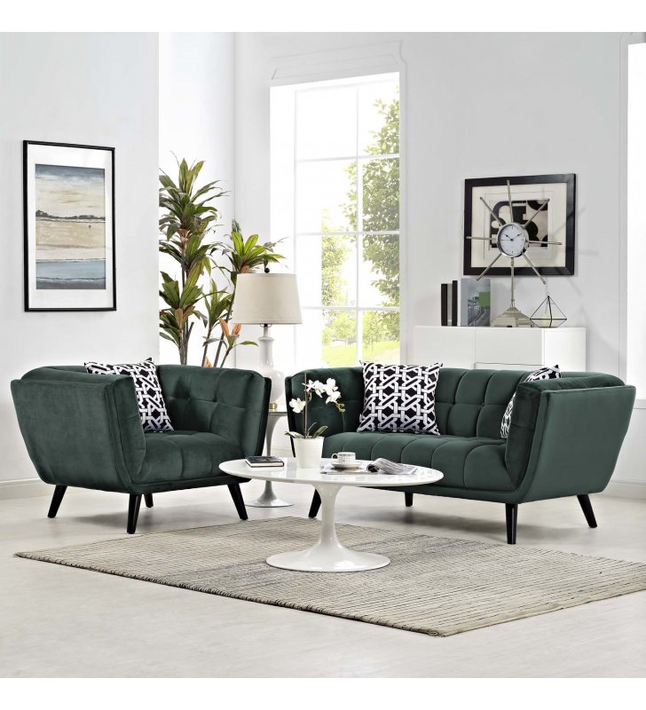 Bestow 2 Piece Performance Velvet Loveseat and Armchair Set in Green - Lexmod