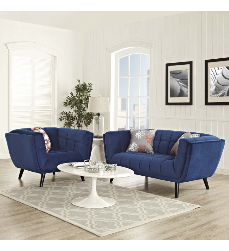 Bestow 2 Piece Performance Velvet Loveseat and Armchair Set in Navy - Lexmod