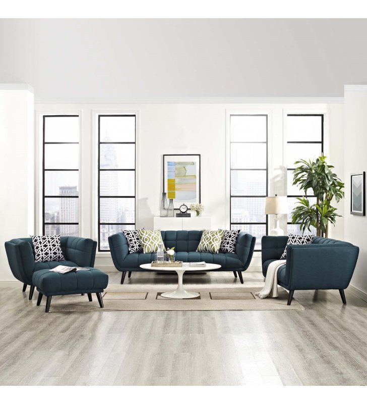 Bestow 3 Piece Upholstered Fabric Sofa Loveseat and Armchair Set in Blue - Lexmod