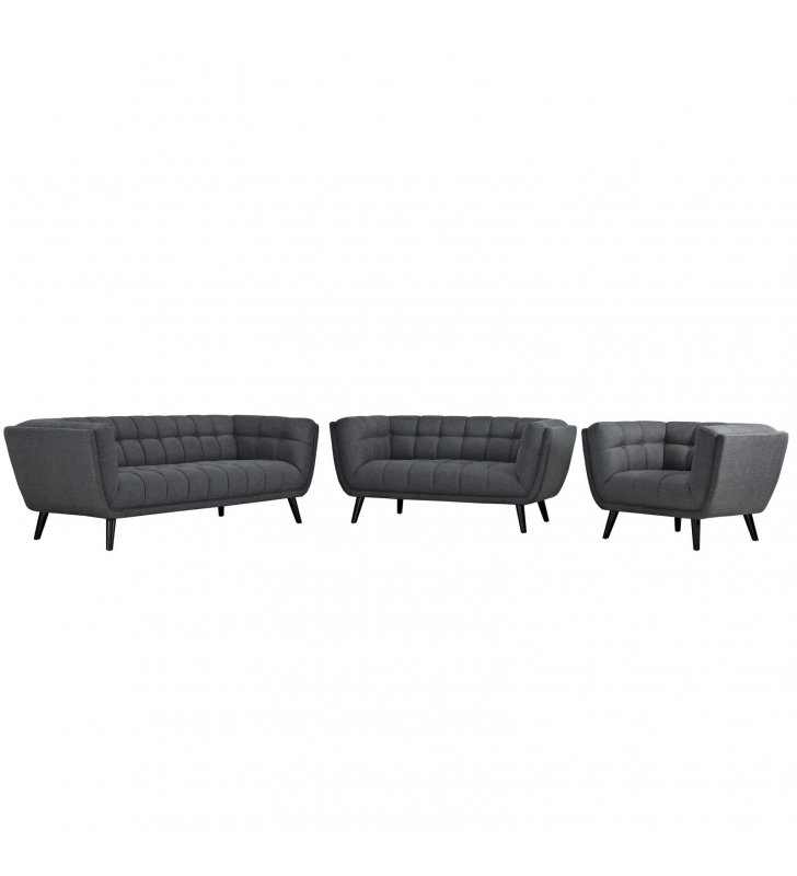 Bestow 3 Piece Upholstered Fabric Sofa Loveseat and Armchair Set in Gray - Lexmod
