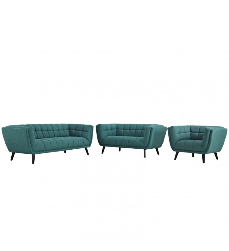 Bestow 3 Piece Upholstered Fabric Sofa Loveseat and Armchair Set in Teal - Lexmod