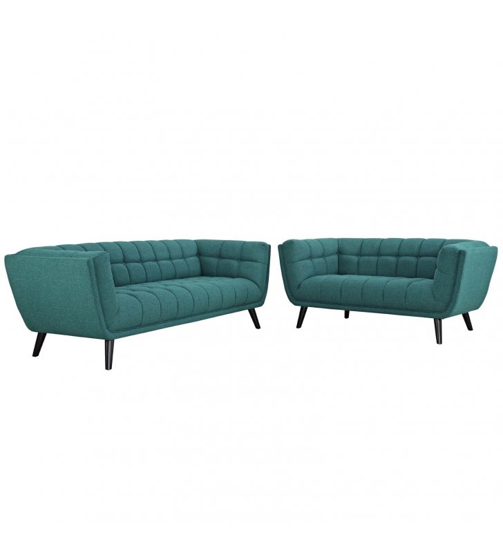 Bestow 2 Piece Upholstered Fabric Sofa and Loveseat Set in Teal - Lexmod