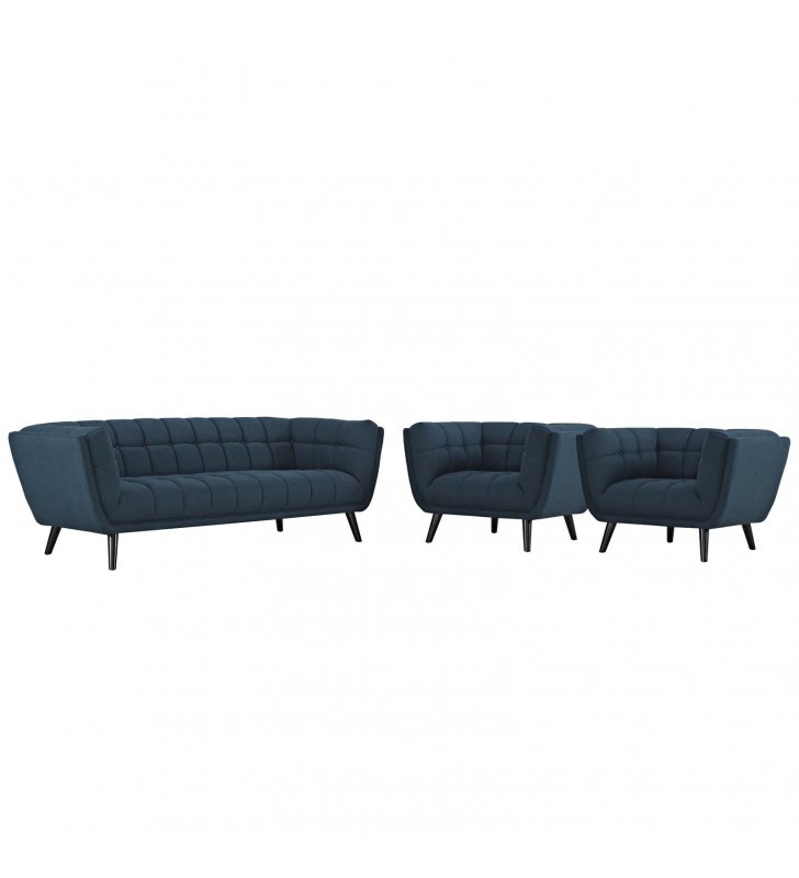Bestow 3 Piece Upholstered Fabric Sofa and Armchair Set in Blue - Lexmod