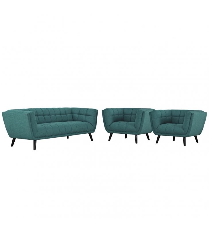 Bestow 3 Piece Upholstered Fabric Sofa and Armchair Set in Teal - Lexmod