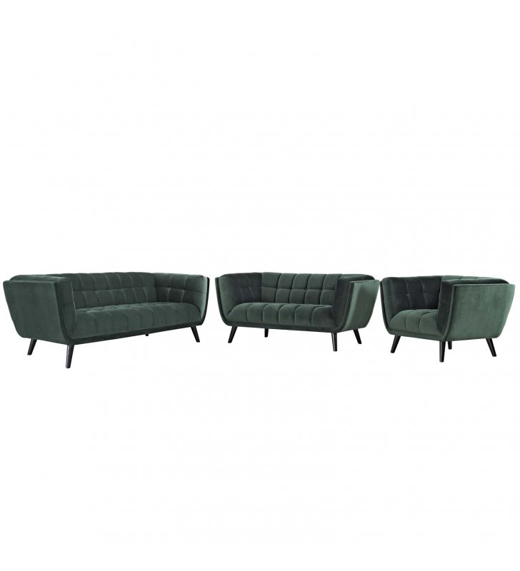 Bestow 3 Piece Performance Velvet Sofa Loveseat and Armchair Set in Green - Lexmod