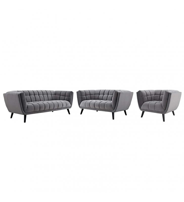 Bestow 3 Piece Performance Velvet Sofa Loveseat and Armchair Set in Gray - Lexmod