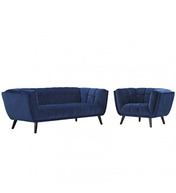 Bestow 2 Piece Performance Velvet Sofa and Armchair Set in Navy - Lexmod