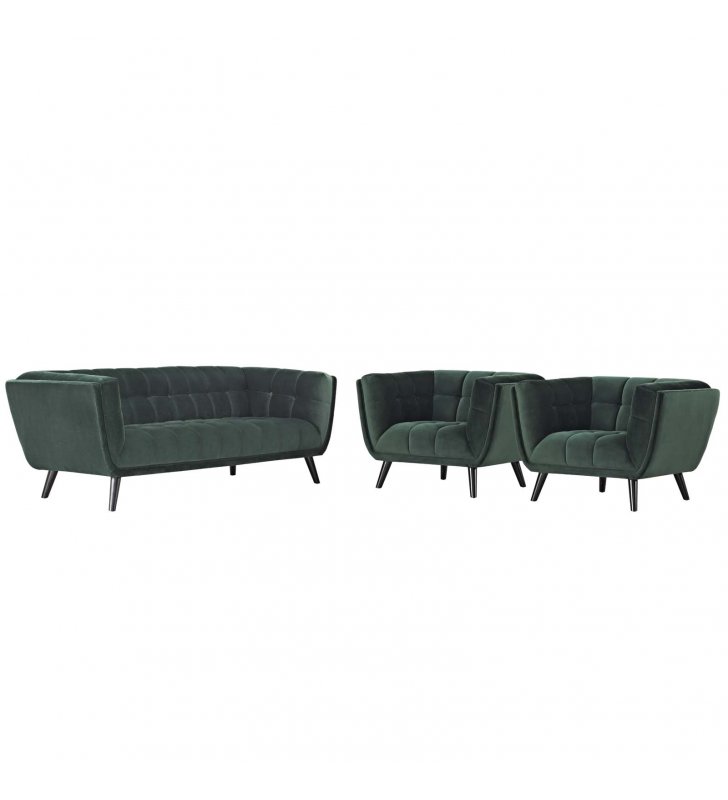 Bestow 3 Piece Performance Velvet Sofa and Armchair Set in Green - Lexmod