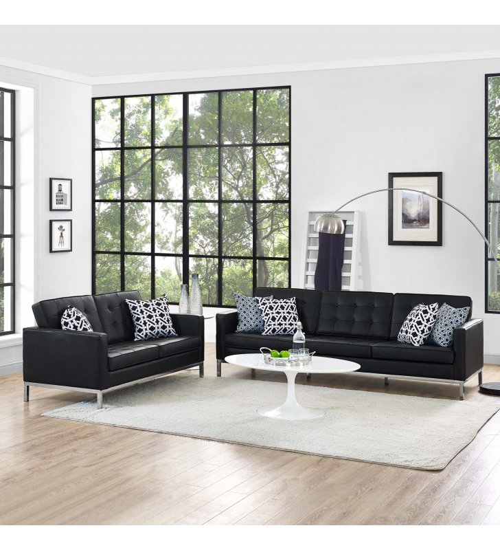 Loft 2 Piece Leather Sofa and Loveseat Set in Black - Lexmod