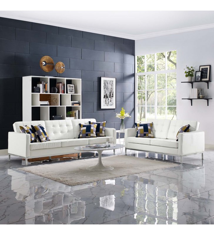 Loft 2 Piece Leather Sofa and Loveseat Set in Cream White - Lexmod