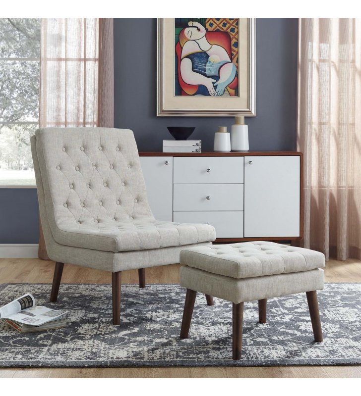 Modify Upholstered Lounge Chair and Ottoman in Beige - Lexmod