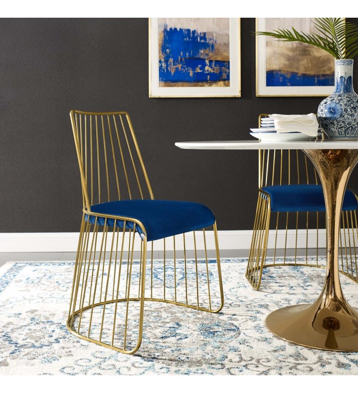 Rivulet Gold Stainless Steel Performance Velvet Dining Chair in Gold Navy - Lexmod