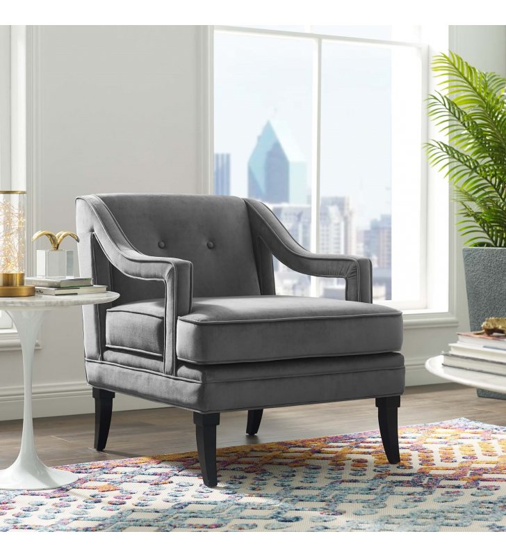 Concur Button Tufted Performance Velvet Armchair in Gray - Lexmod