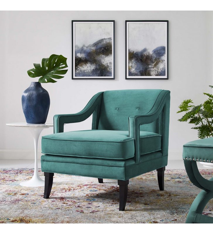 Concur Button Tufted Performance Velvet Armchair in Teal - Lexmod