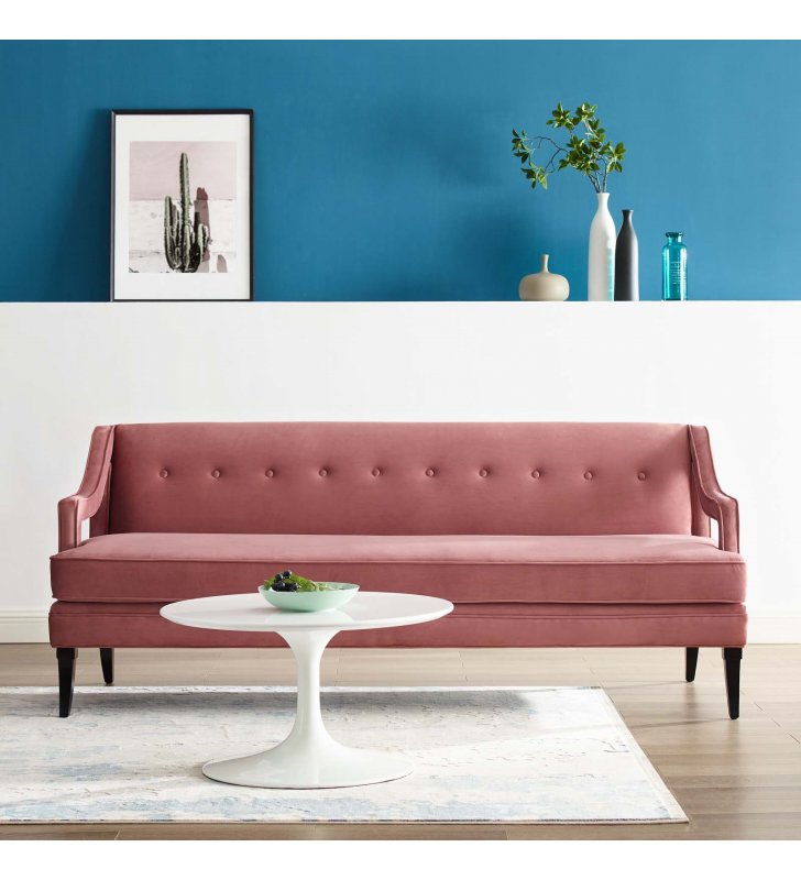 Concur Button Tufted Performance Velvet Sofa in Dusty Rose - Lexmod