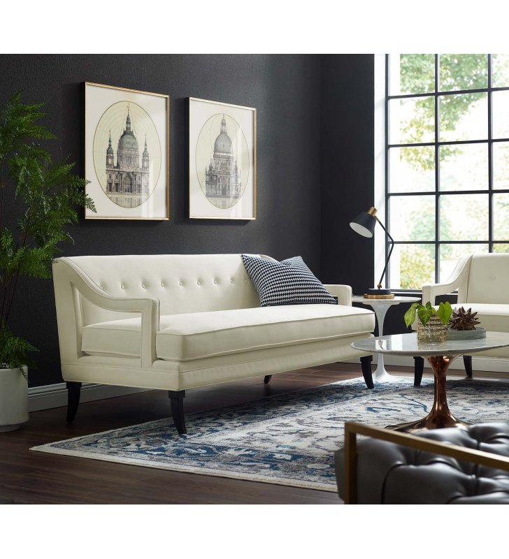 Concur Button Tufted Performance Velvet Sofa in Ivory - Lexmod