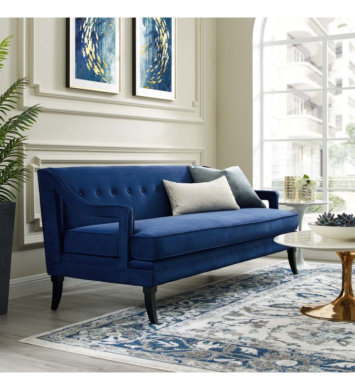 Concur Button Tufted Performance Velvet Sofa in Navy - Lexmod