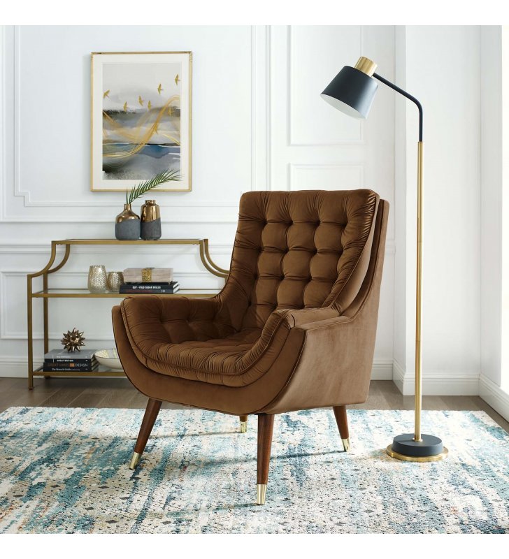 Suggest Button Tufted Performance Velvet Lounge Chair in Brown - Lexmod